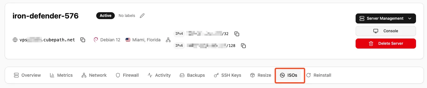 ISOs tab in the VPS navigation bar
