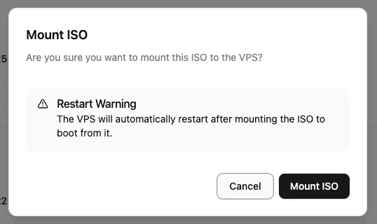 Mount ISO confirmation dialog with restart warning