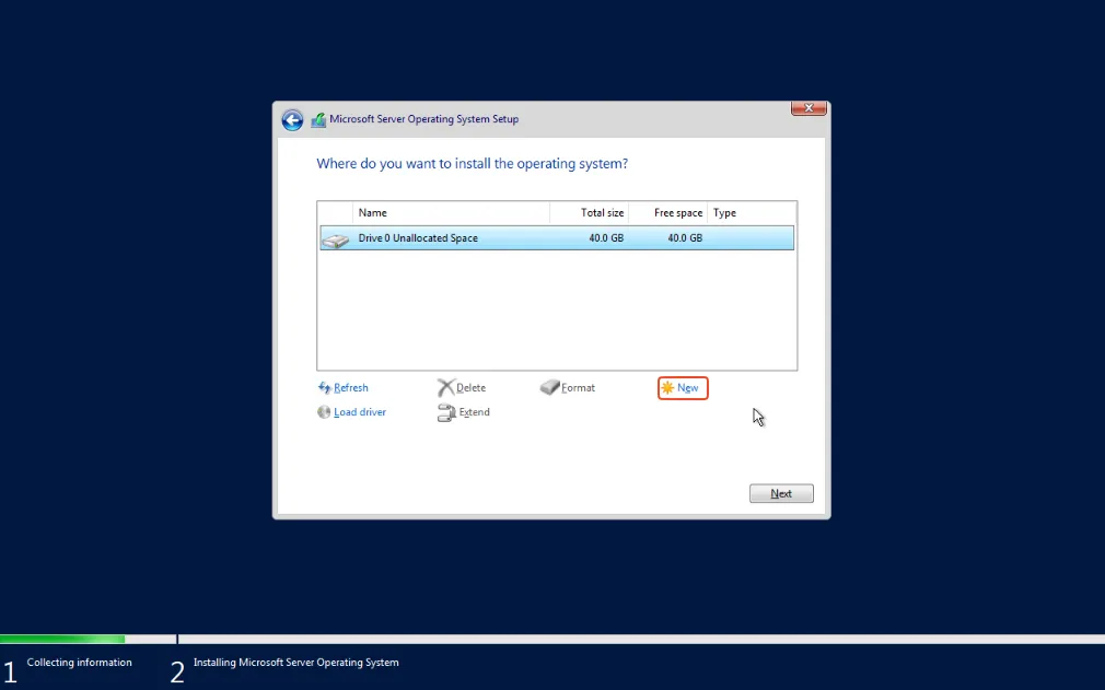 Delete partitions, create new partition and select it