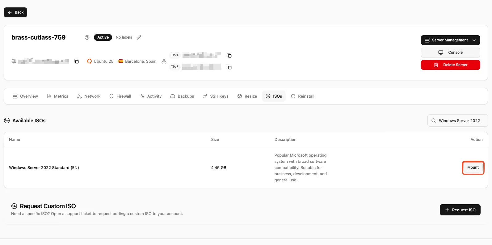 Search for Windows Server 2022 in the ISOs tab