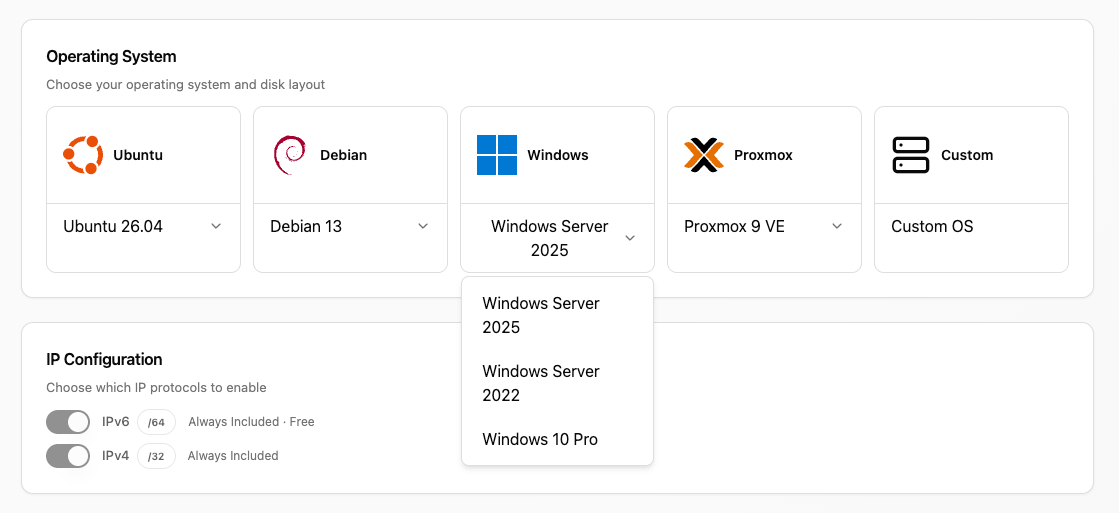 Choosing Windows Server 2025, Windows Server 2022 or Windows 10 Pro when deploying a Bare Metal server